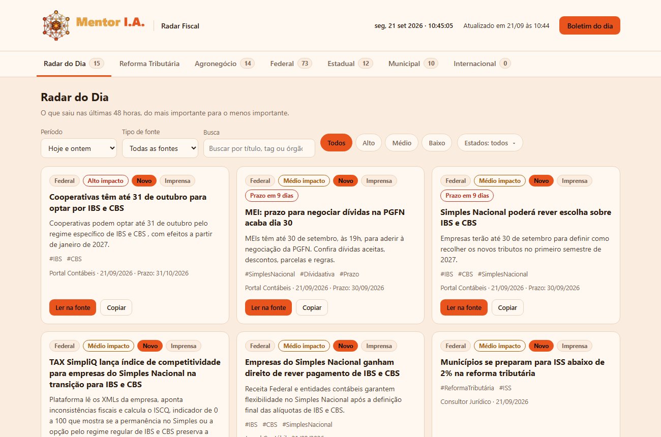 Painel Radar Fiscal com menu por esfera, filtros e cards de notícias classificadas por impacto